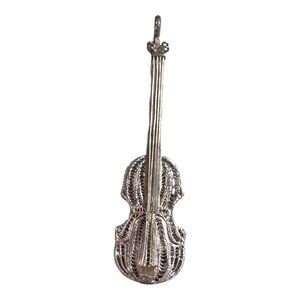 Vintage Antique Filigree Sterling Silver Miniature Violin Ornament Charm 4" Gift